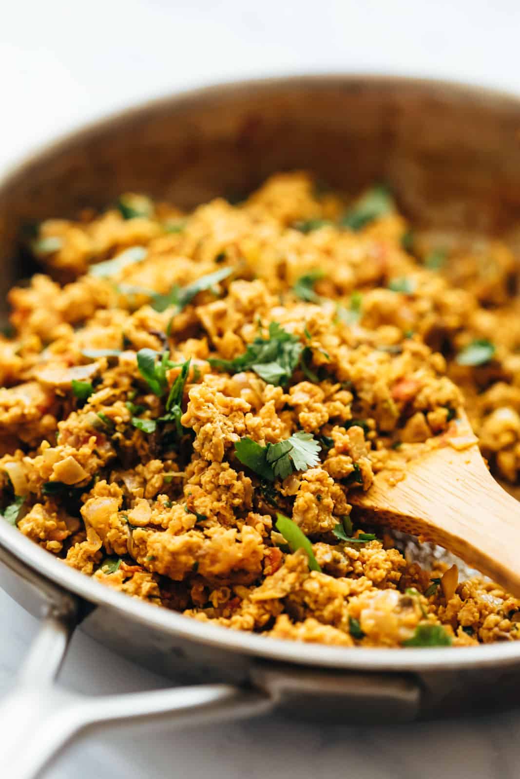 Closeup of street style egg bhurji in a frying pan