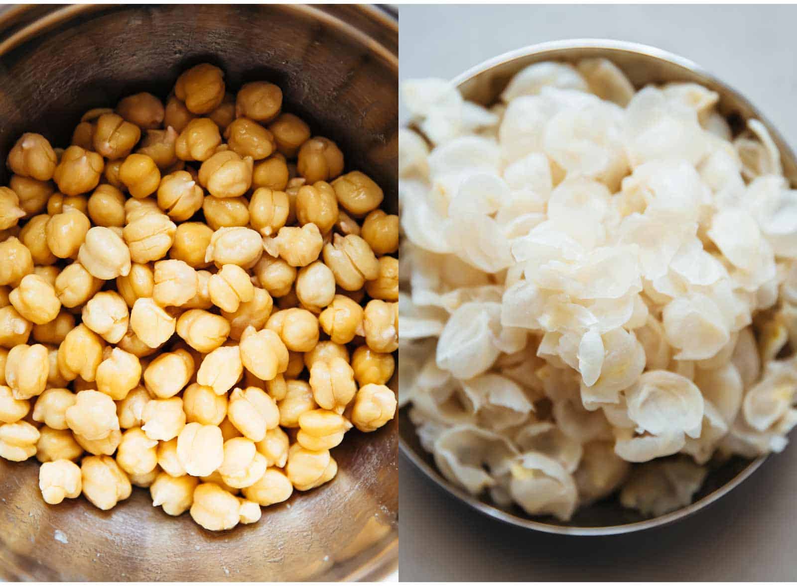 Chickpeas peeled for hummus with skin on the side