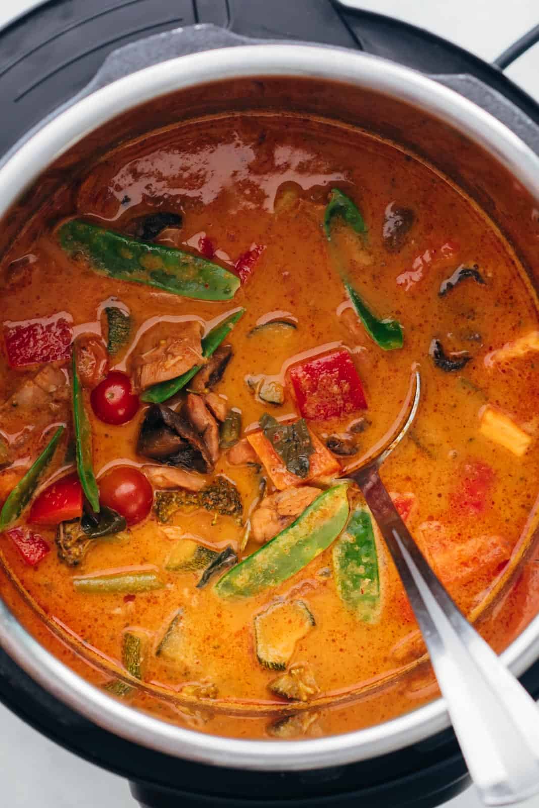 Red Thai Chicken Curry cooked in the instant pot and served in it
