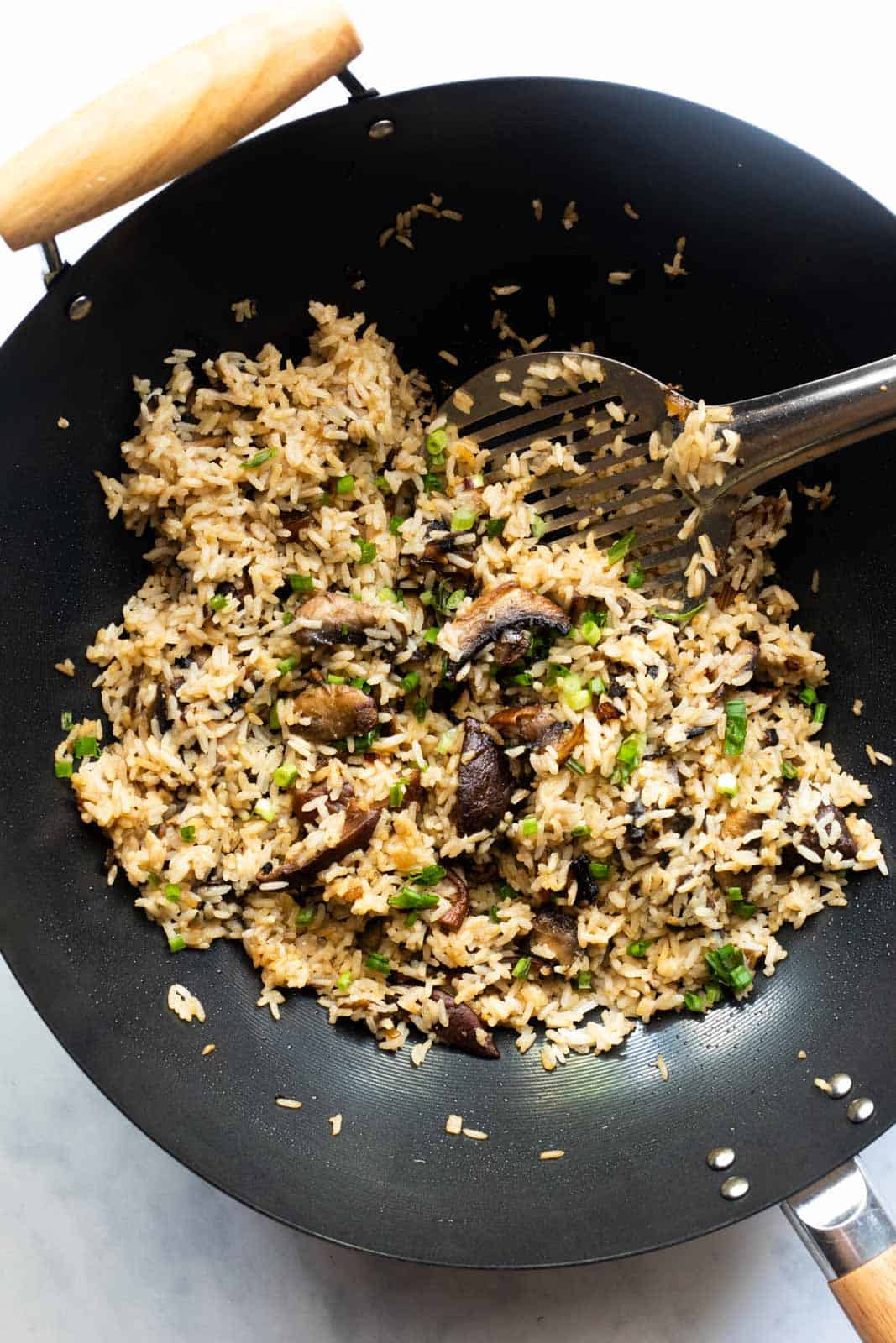 burnt garlic mushroom fried rice ready in the wok