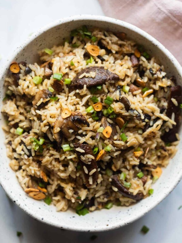 Burnt garlic mushroom fried rice served in a white bowl