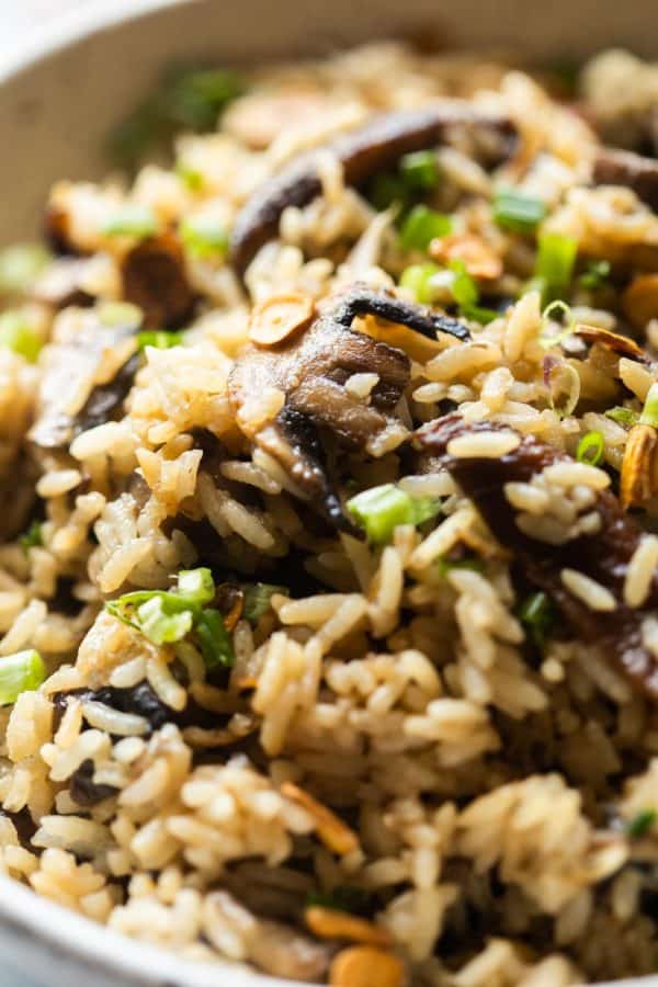 closeup of burnt garlic mushroom fried rice