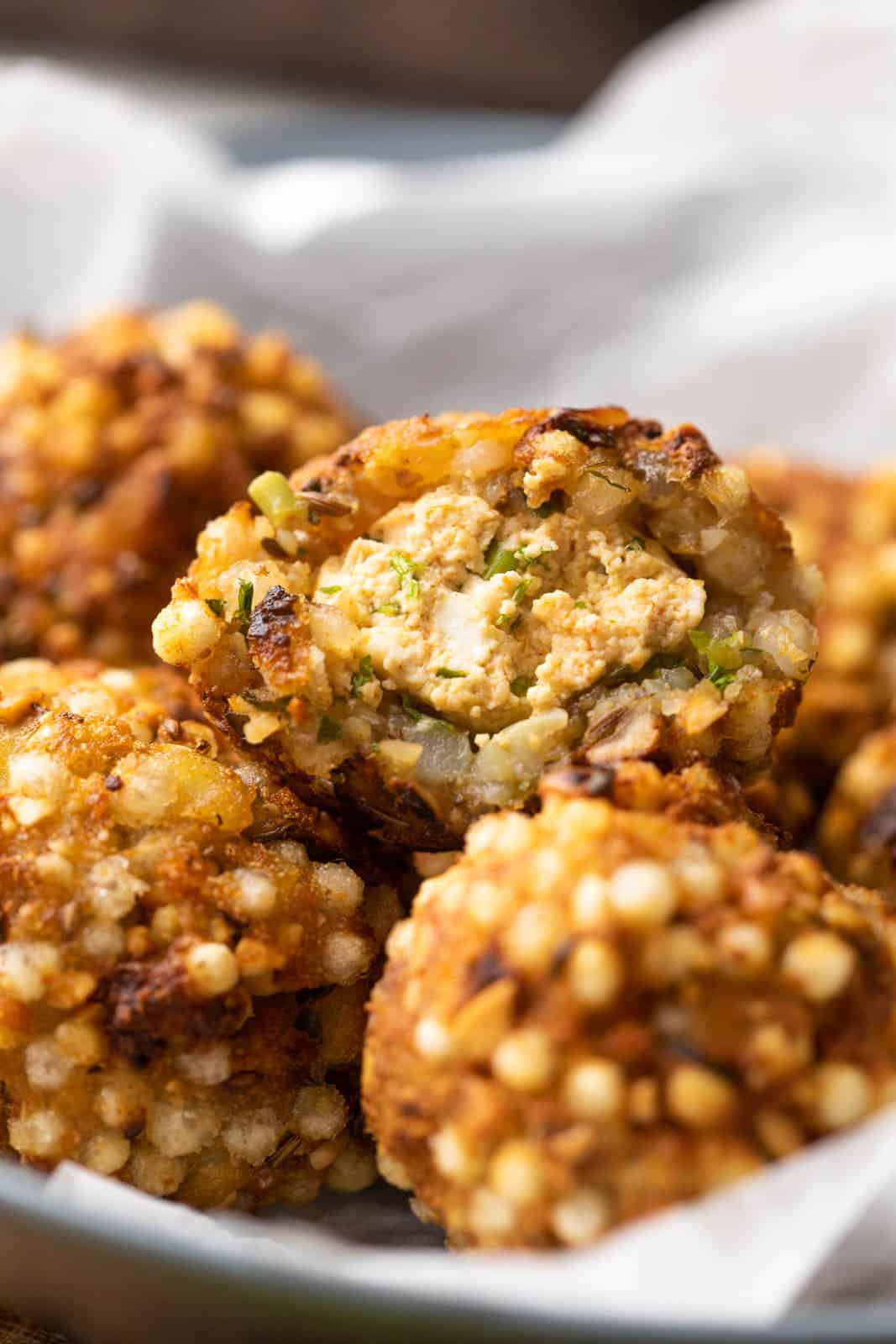 Closeup of the stuffing inside sabudana vada