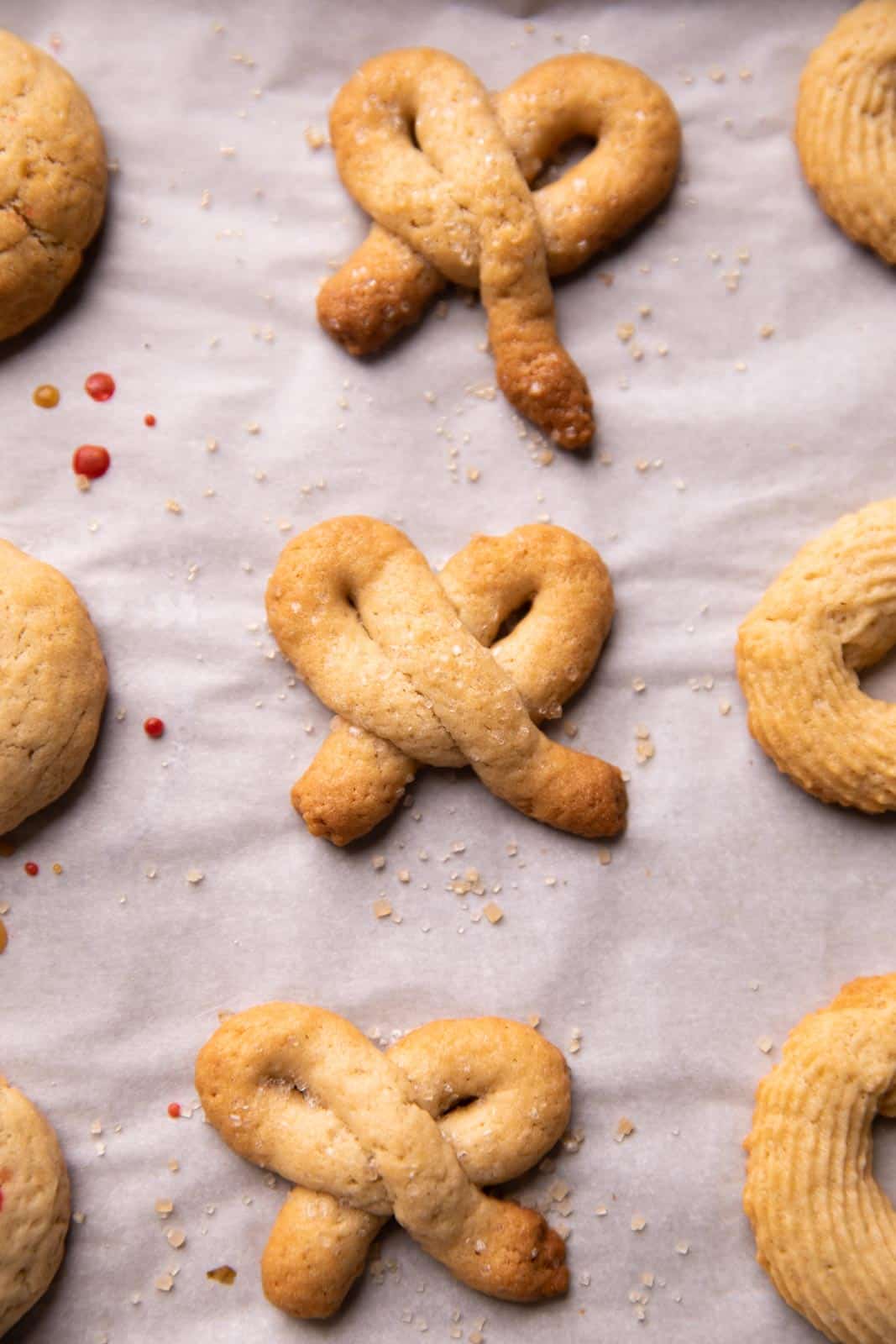 Closeup of a danish cookie piped as a christmas bow