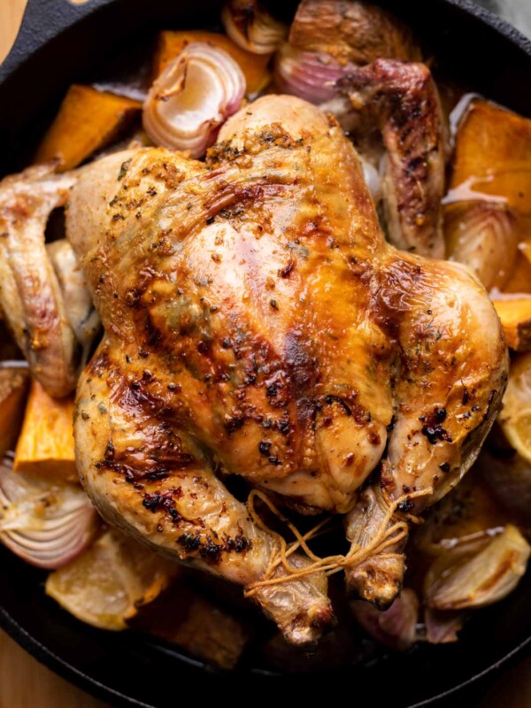 Roast chicken in the cast iron skillet, roasted with veggies and pan juices