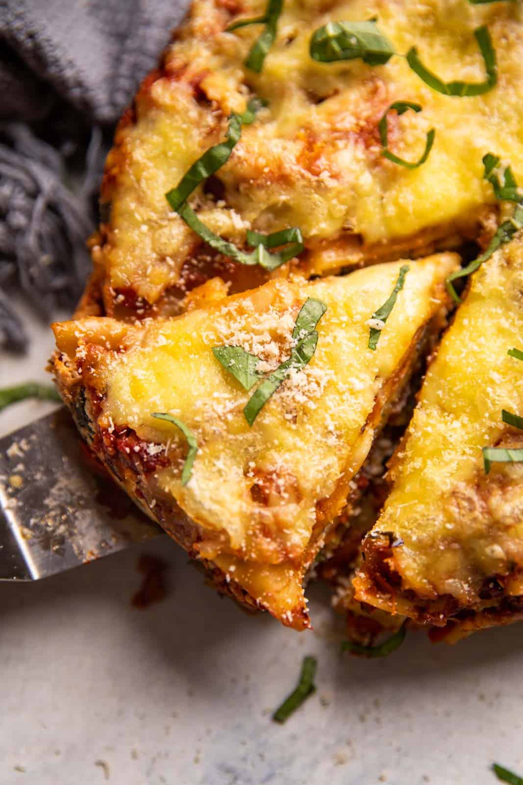 Close up of a slice of lasagna cooked in the instant pot