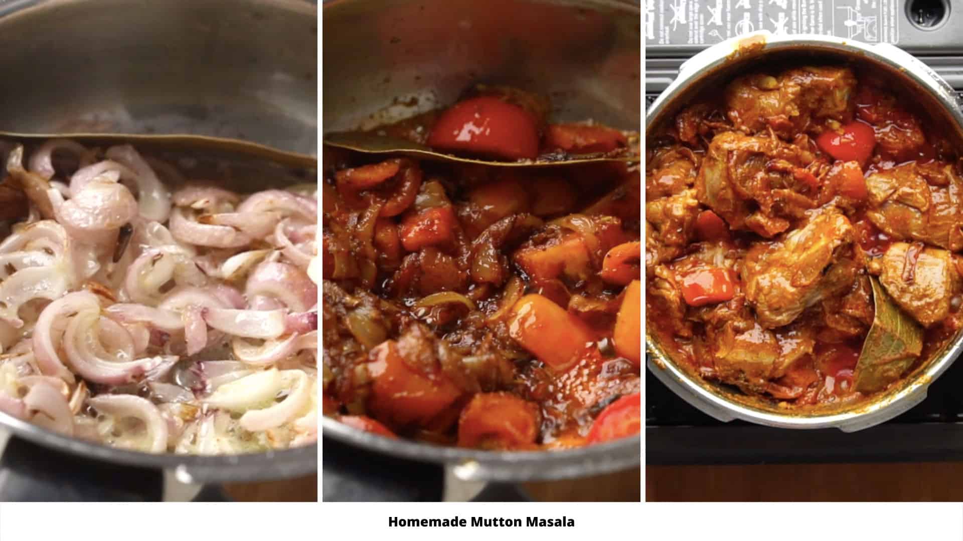 Step by step collage showing how to brown onions, add spices and make mutton masala