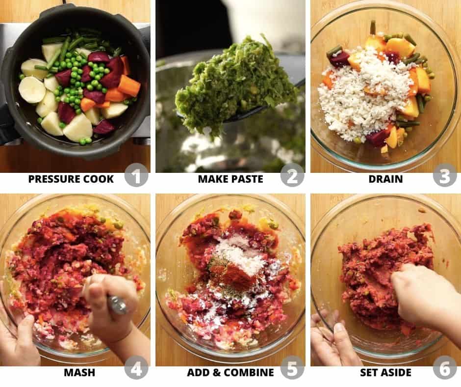 Step by step picture collage to show how to make potato beetroot mixture for cutlets