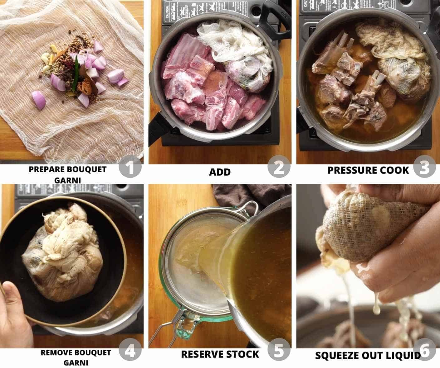 Step by step images to show how to make yakhni for pulao