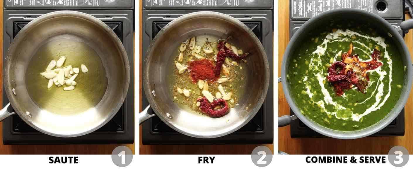 Step by step pictures showing how to make garlic tadka