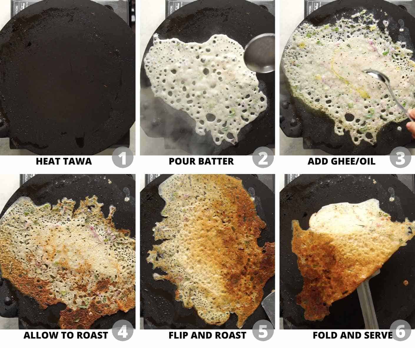 Step by step pictures showing how to cook oats dosa