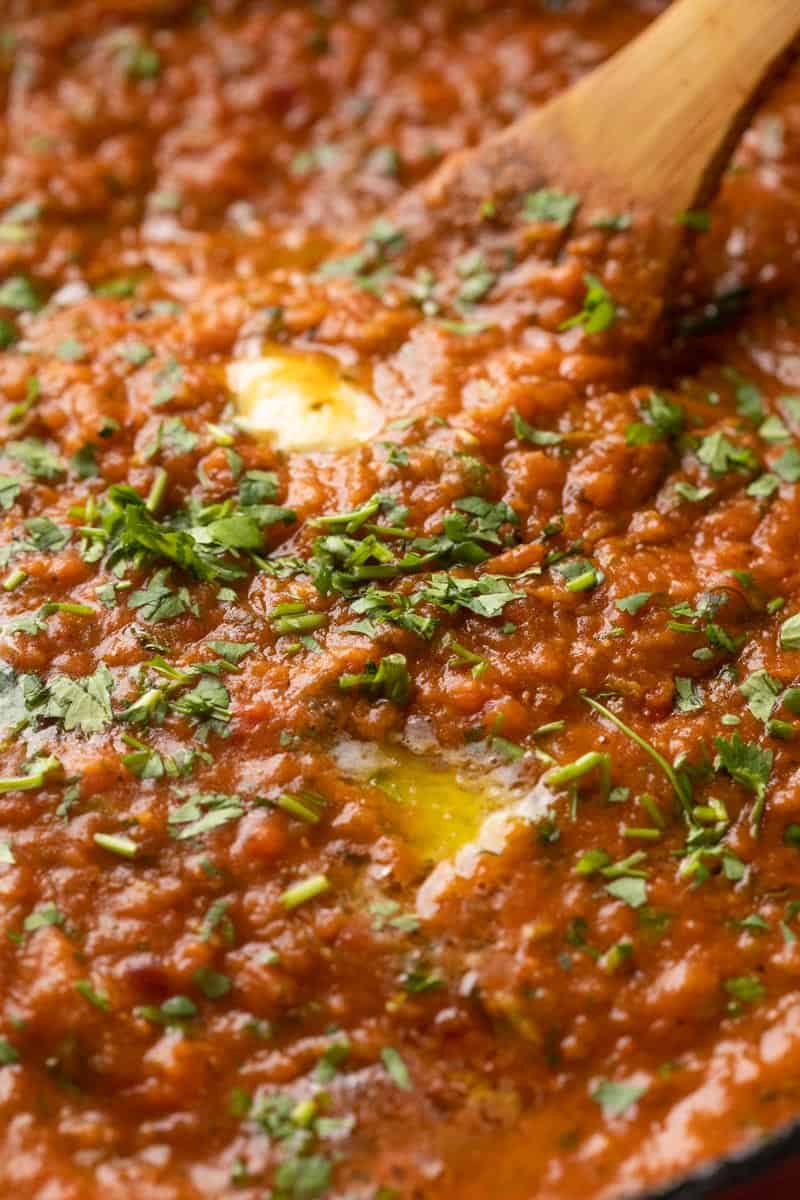 Closeup of pav bhaji to show the buttery texture