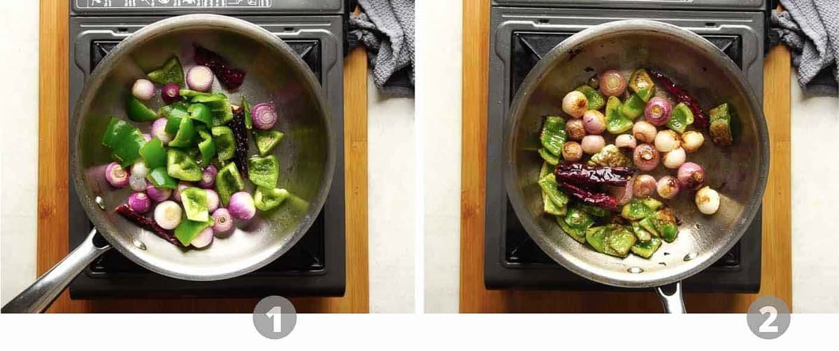 Roasting onion and capsicum in a pan