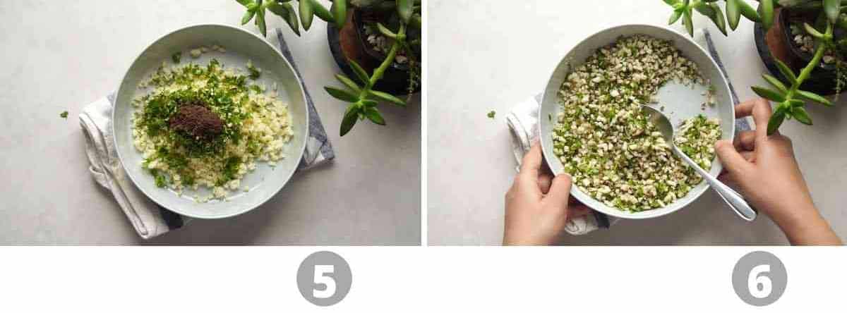 Step by step picture collage showing how to make the stuffing for garlic cheese kulcha