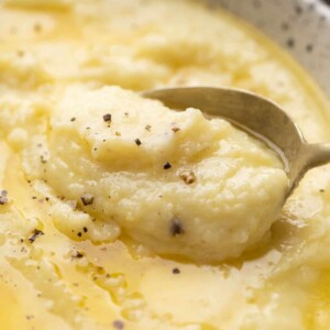 Close up of creamy garlic mashed potatoes being spooned
