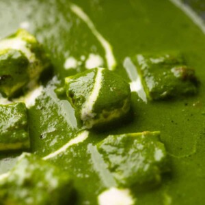 Closeup of palak paneer with cream drizzled on top