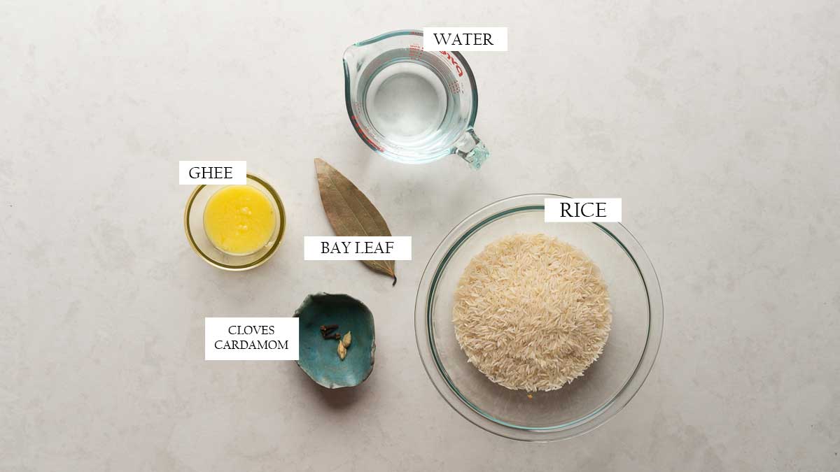 Picture of all the ingredients for cooking basmati rice for paneer biryani