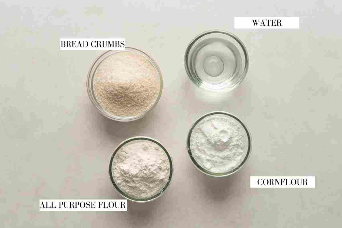 Picture of ingredients required for crumbing the cheese balls with text to identify them