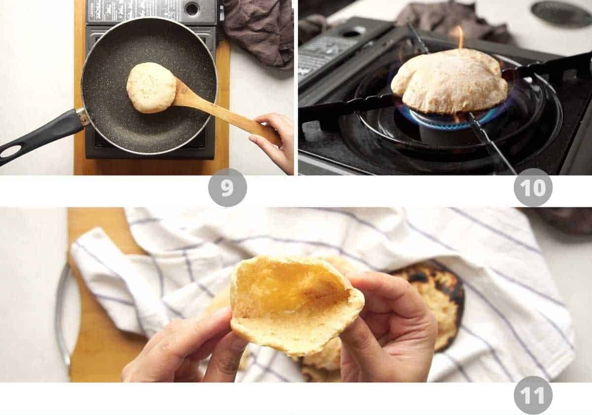 Step by step picture collage showing how to make whole wheat pita bread