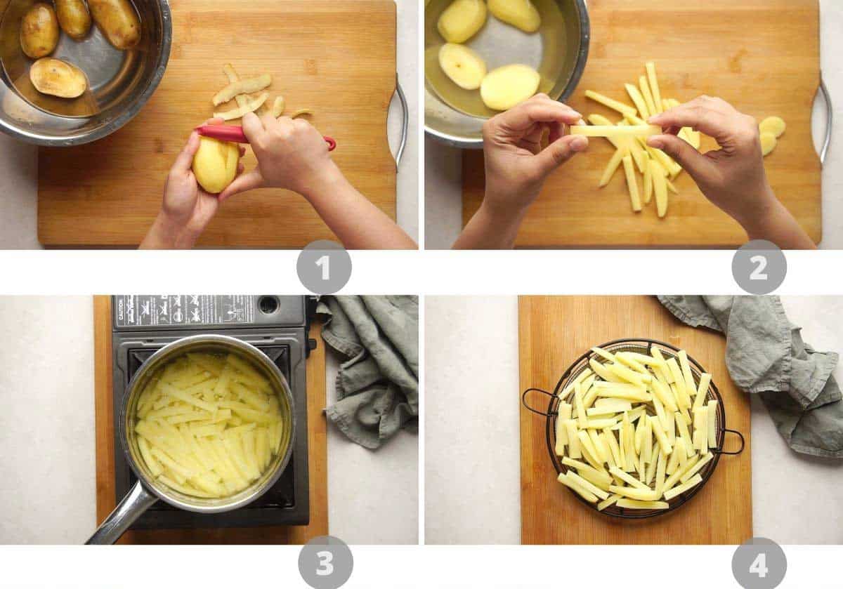Step by step picture collage showing how to make french fries