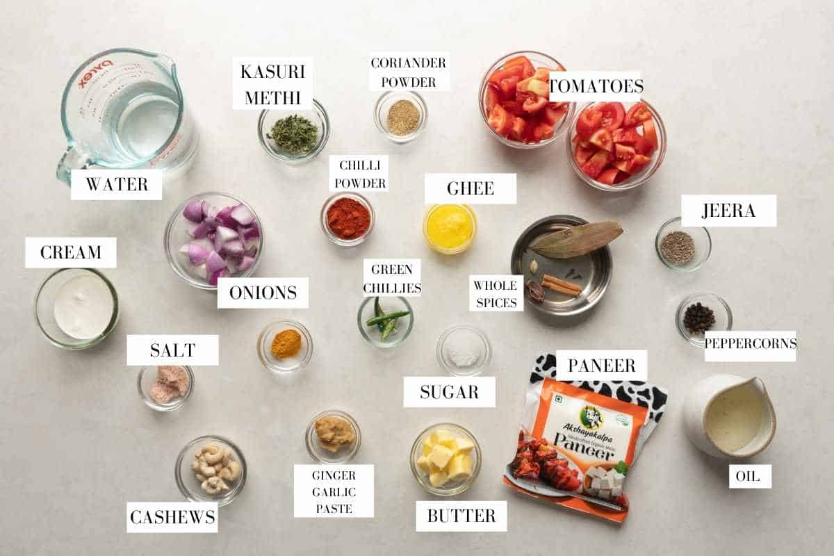 Picture of all the ingredients for shahi paneer with text to identify them