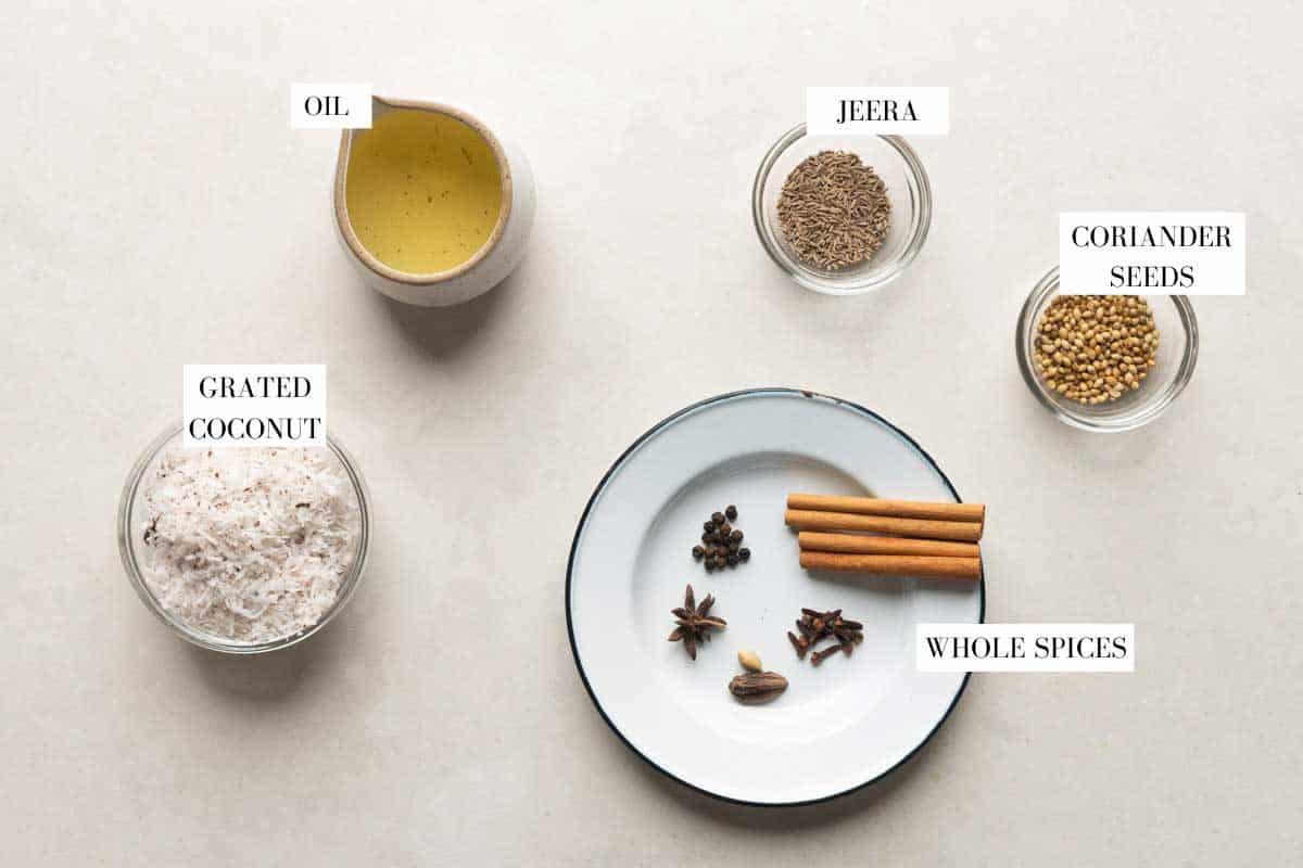 Picture of ingredients for Kolhapuri masala with text