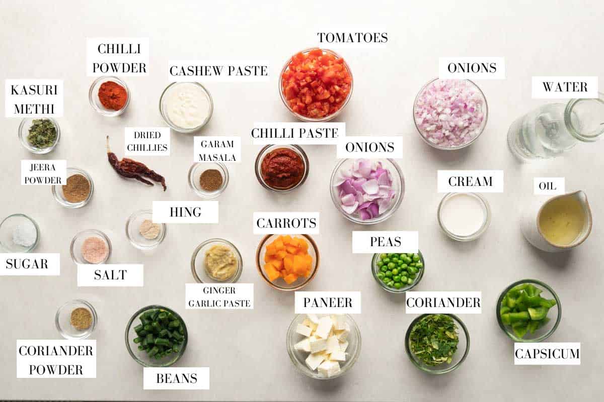Picture of ingredients for veg Kolhapuri with text