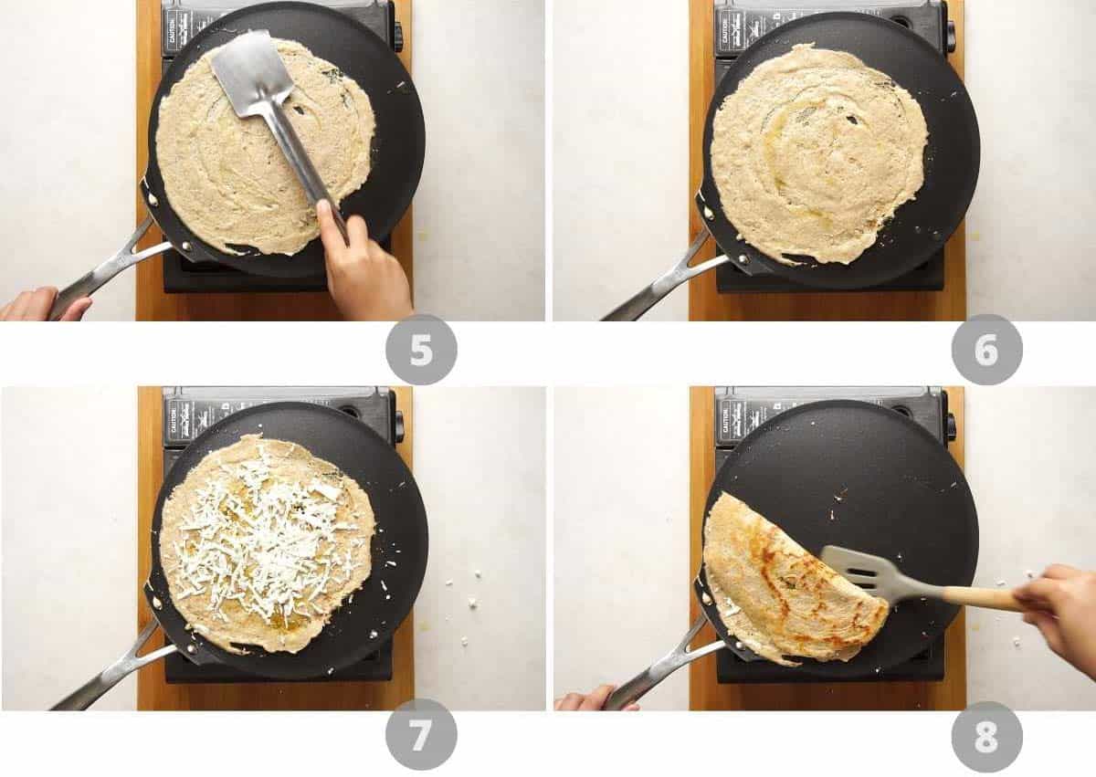 Step by step picture collage showing how to make high protein dosa