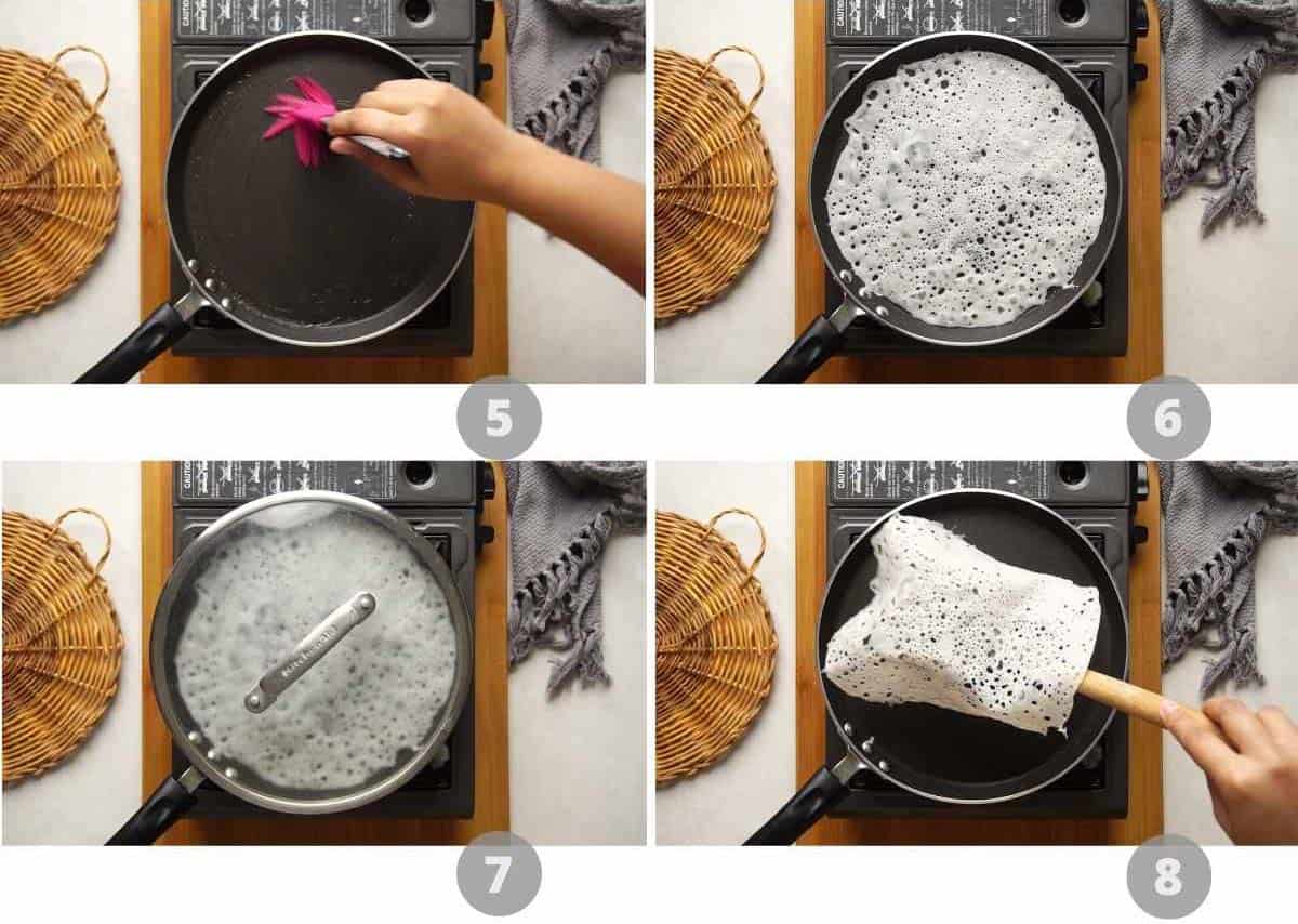 Step by step picture collage showing how to make neer dosa