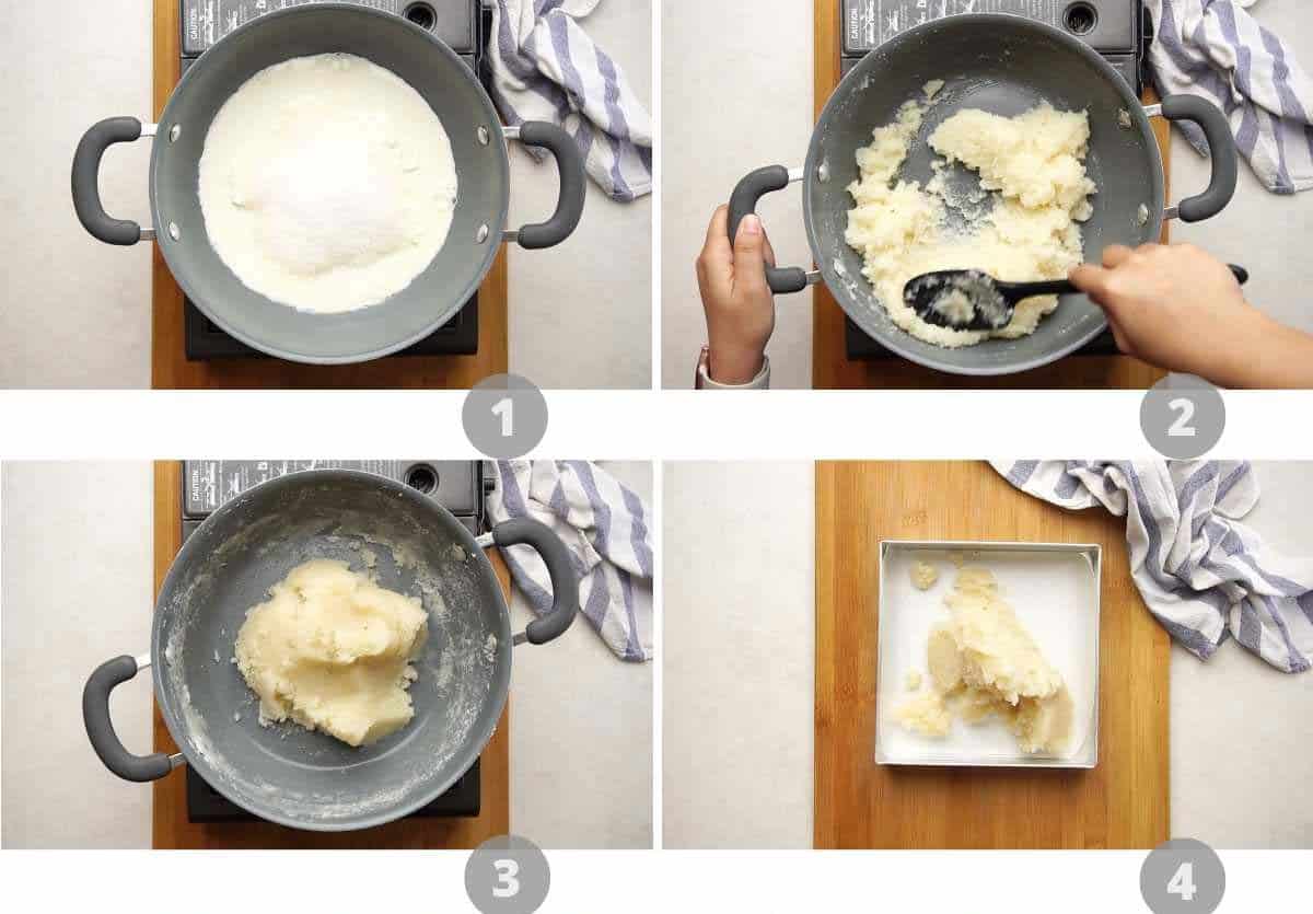 Step by step picture collage showing how to make coconut barfi