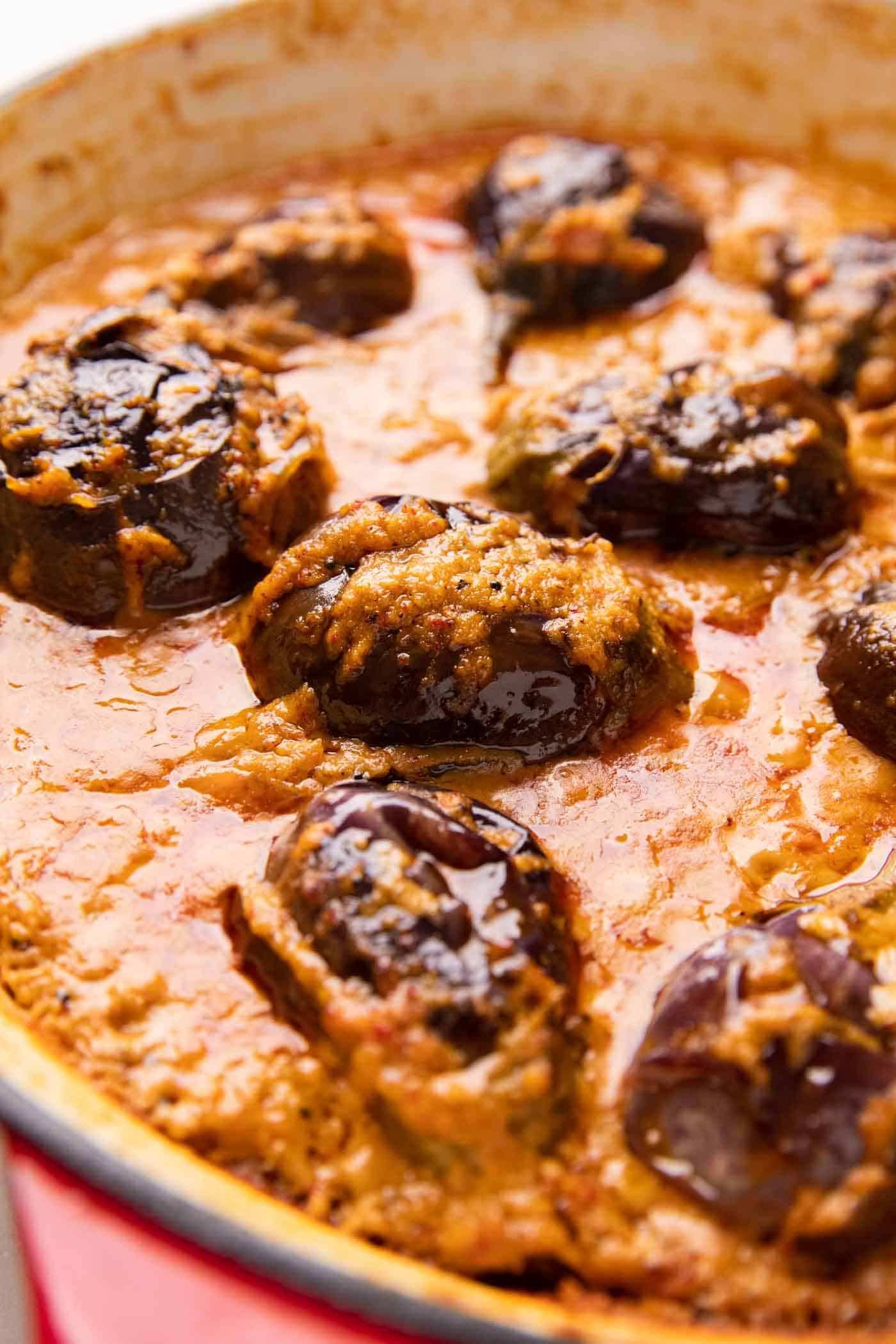 Close up of brinjal in the curry