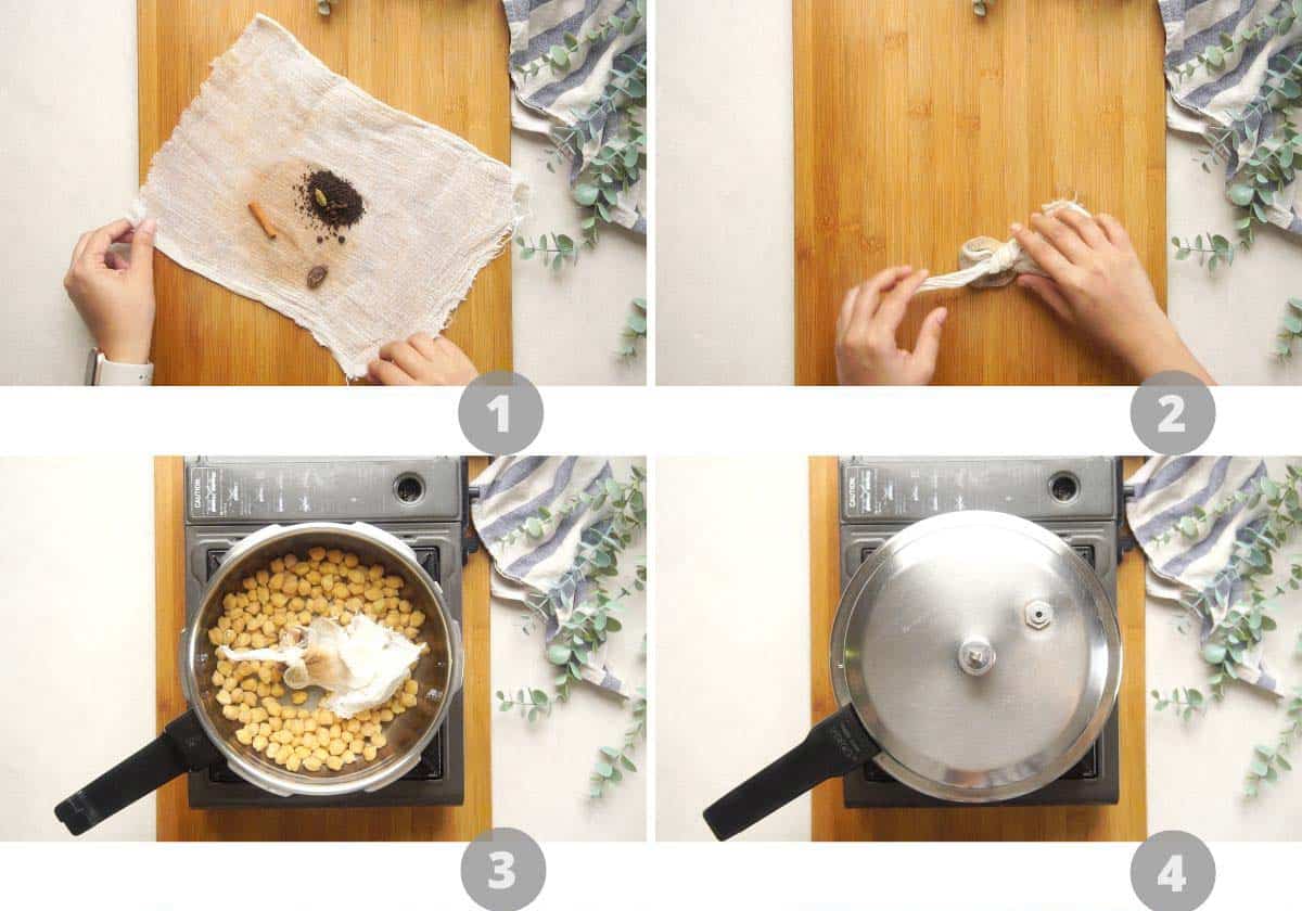 Step by step picture collage showing how to make pindi chole