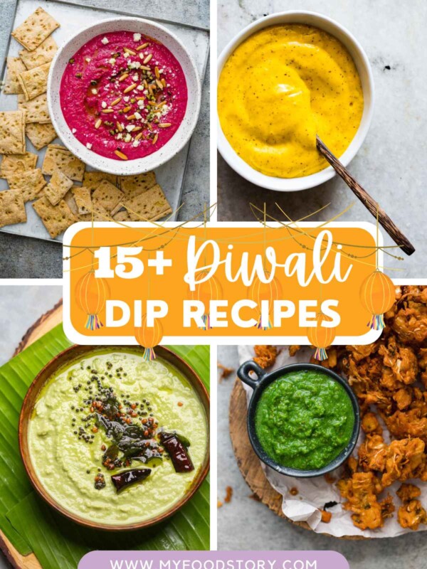 Picture Collage showing 4 diwali dips recipe photographs with text overlay