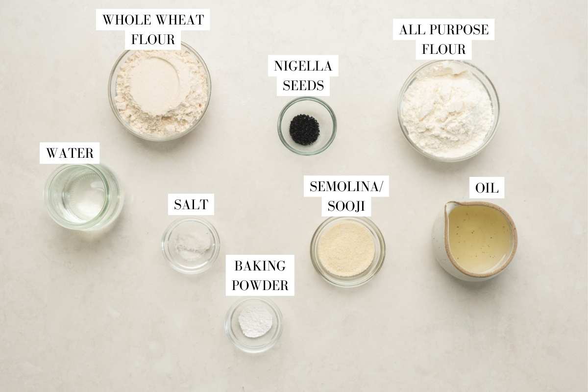 Picture of all the ingredients for air fryer papdi with text to identify them easily