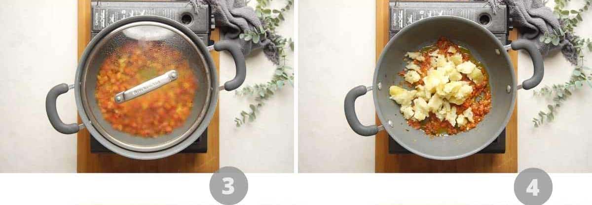 Step by step picture collage showing how to make potato curry