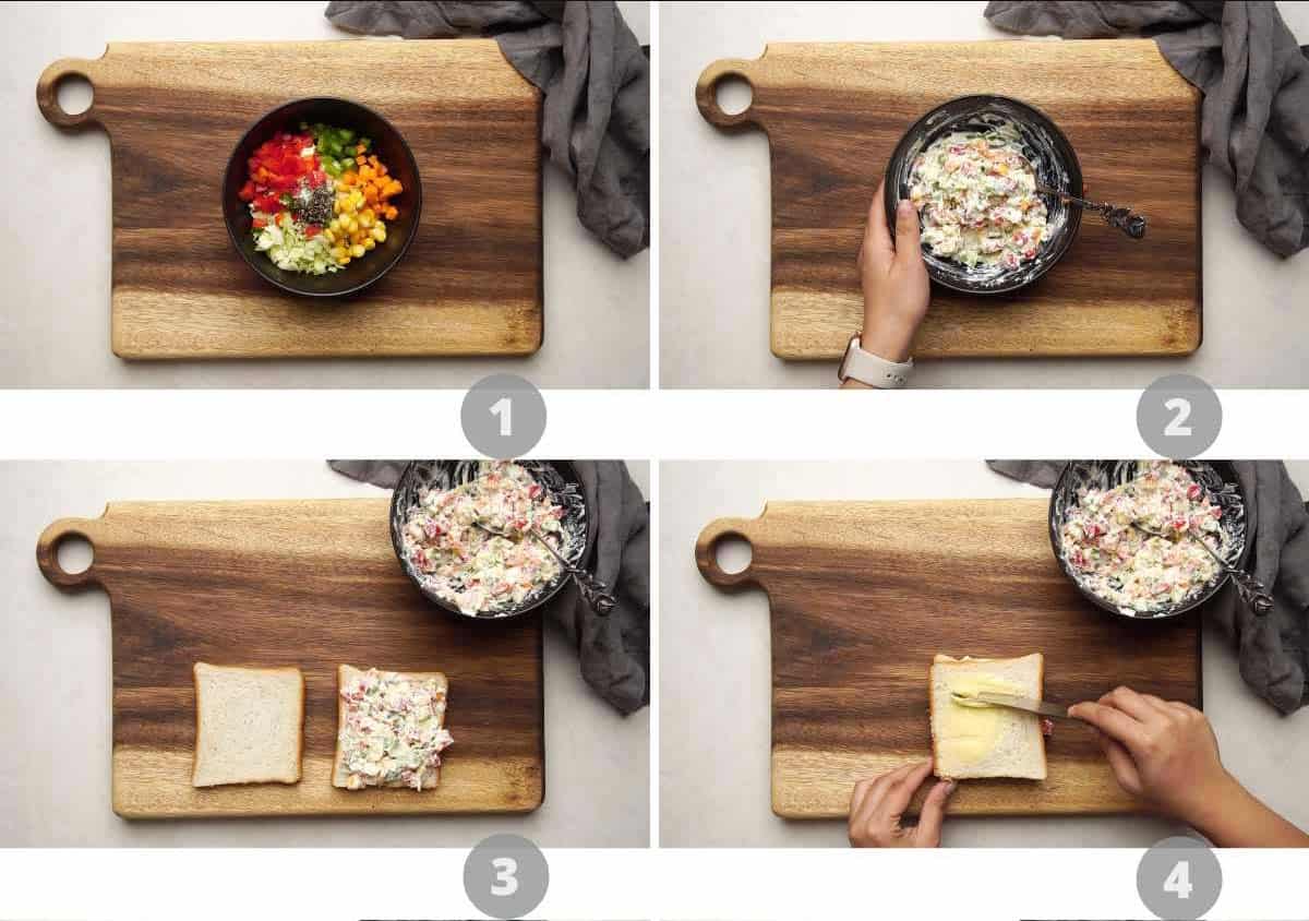 Step by step picture collage showing how to make dahi sandwich