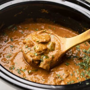 A shot of a ladle-full of chicken tikka masala in a slow cooker