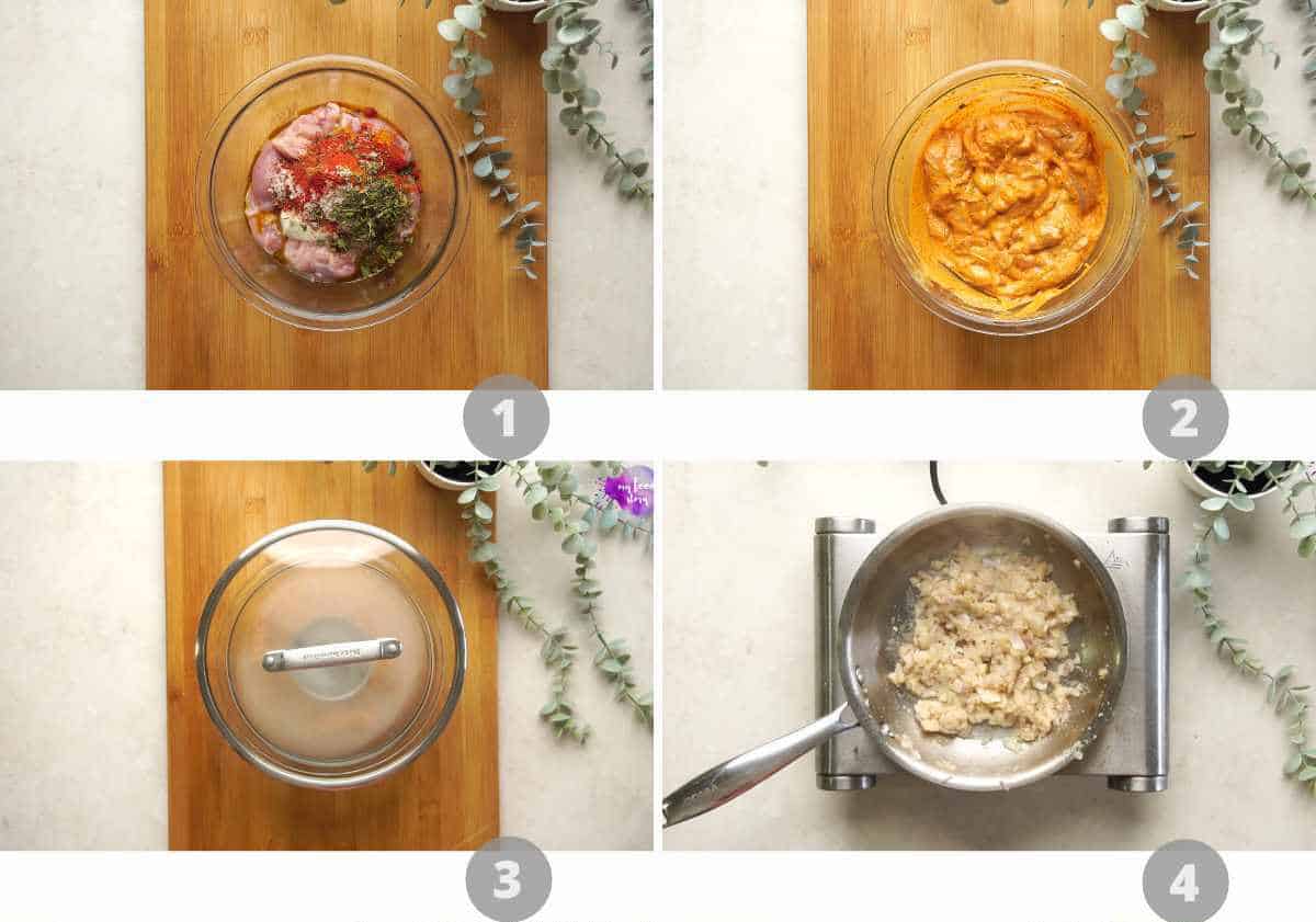 Step by step picture collage showing how to make slow cooker chicken tikka masala