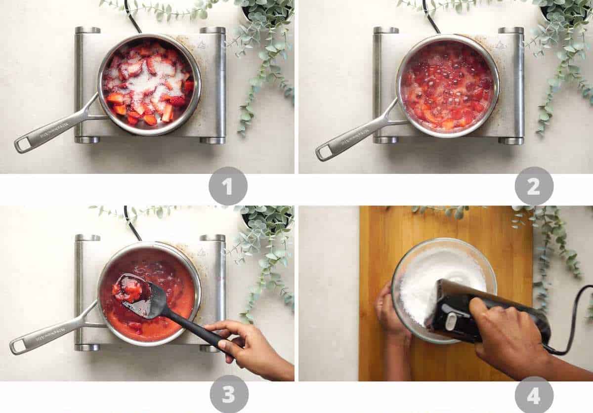 Step by step picture collage showing how to make strawberry mousse