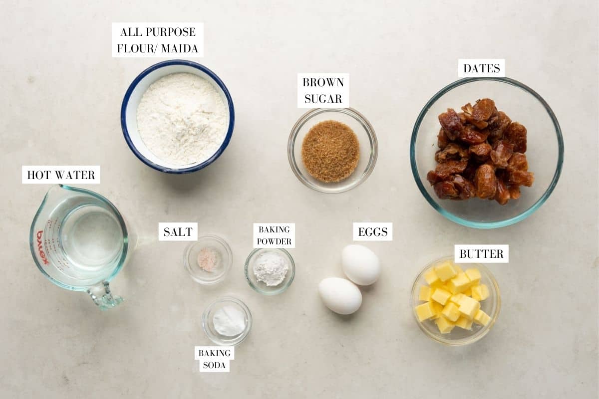 Picture of all the ingredients required for the cake with text to identify them