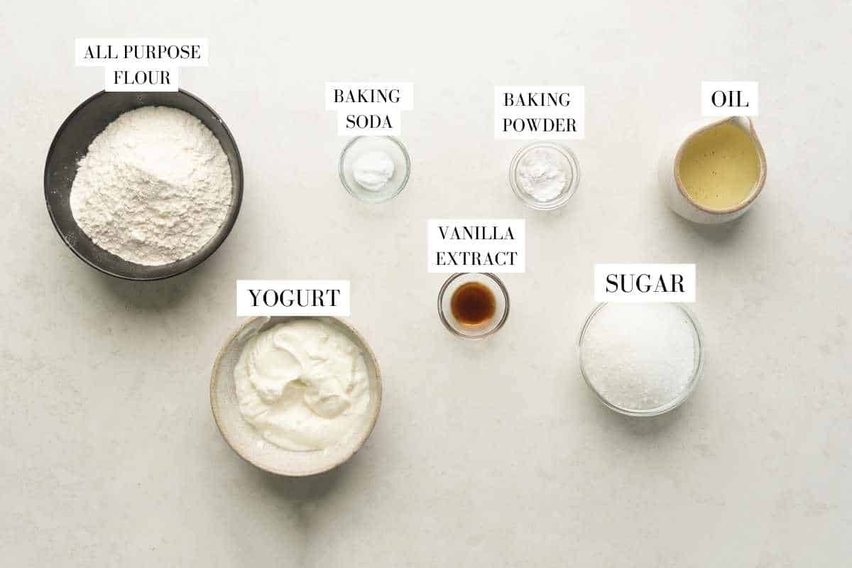 Picture of all the ingredients required for the air fryer vanilla cake with text to identify them