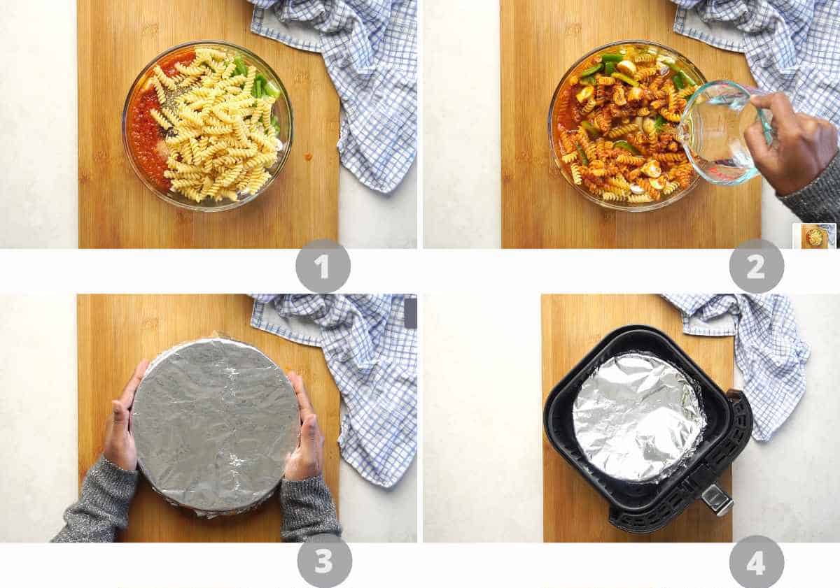 Step by step picture collage showing how to make air fryer baked pasta