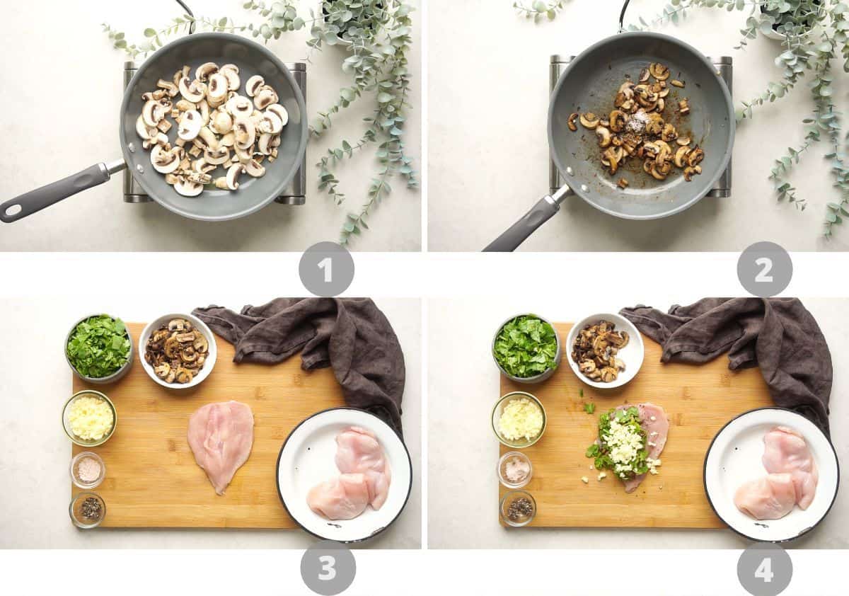 Step by step picture collage showing how to make stuffed chicken breast