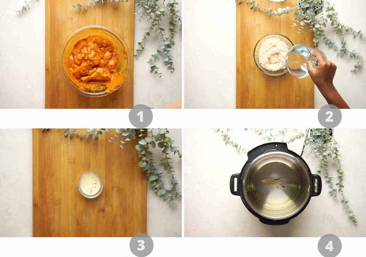 Step by step picture collage showing how to make instant pot chicken biryani