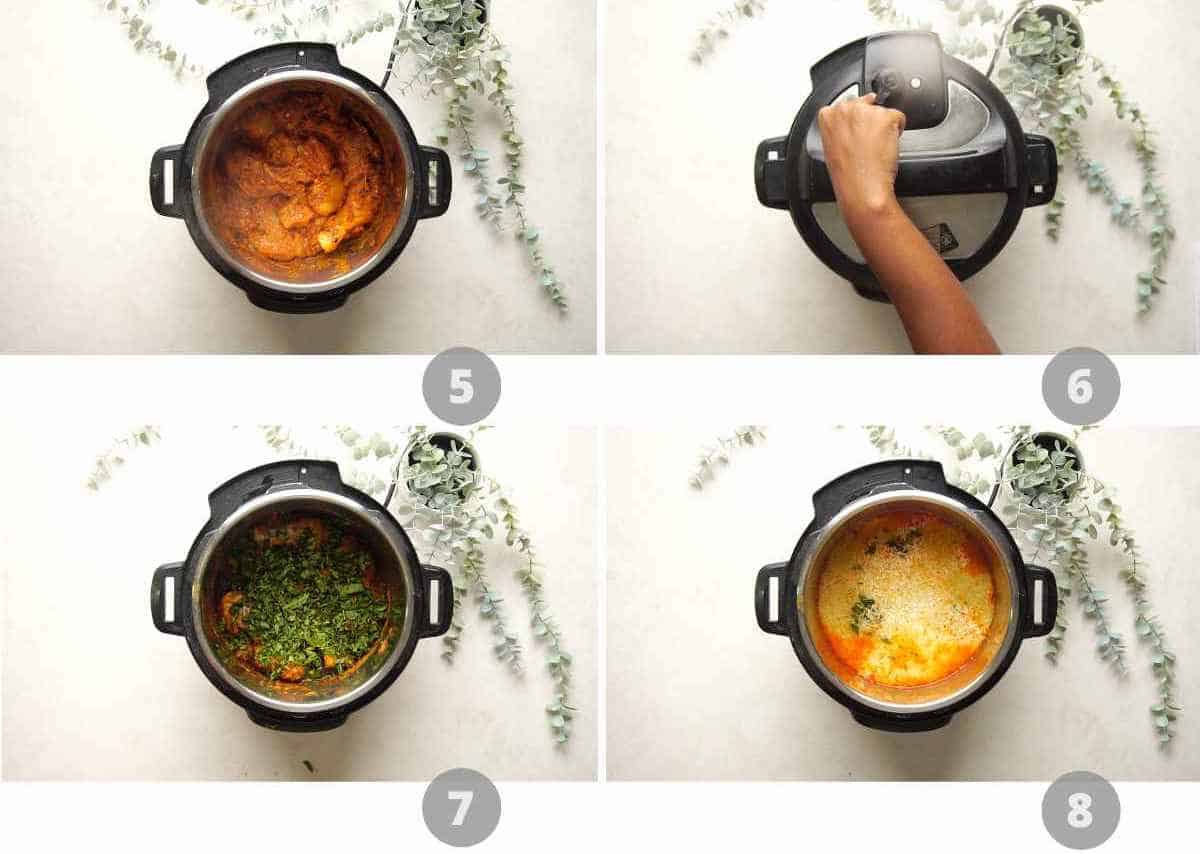 Step by step picture collage showing how to make instant pot chicken biryani