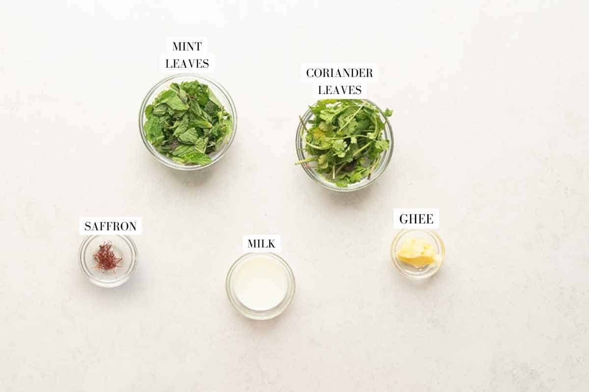 Picture of all the ingredients forInstant Pot Chicken Biryani with text to identify them