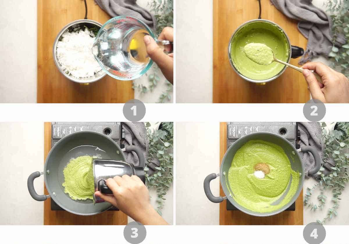 step by step image collage showing how to make prawn green curry