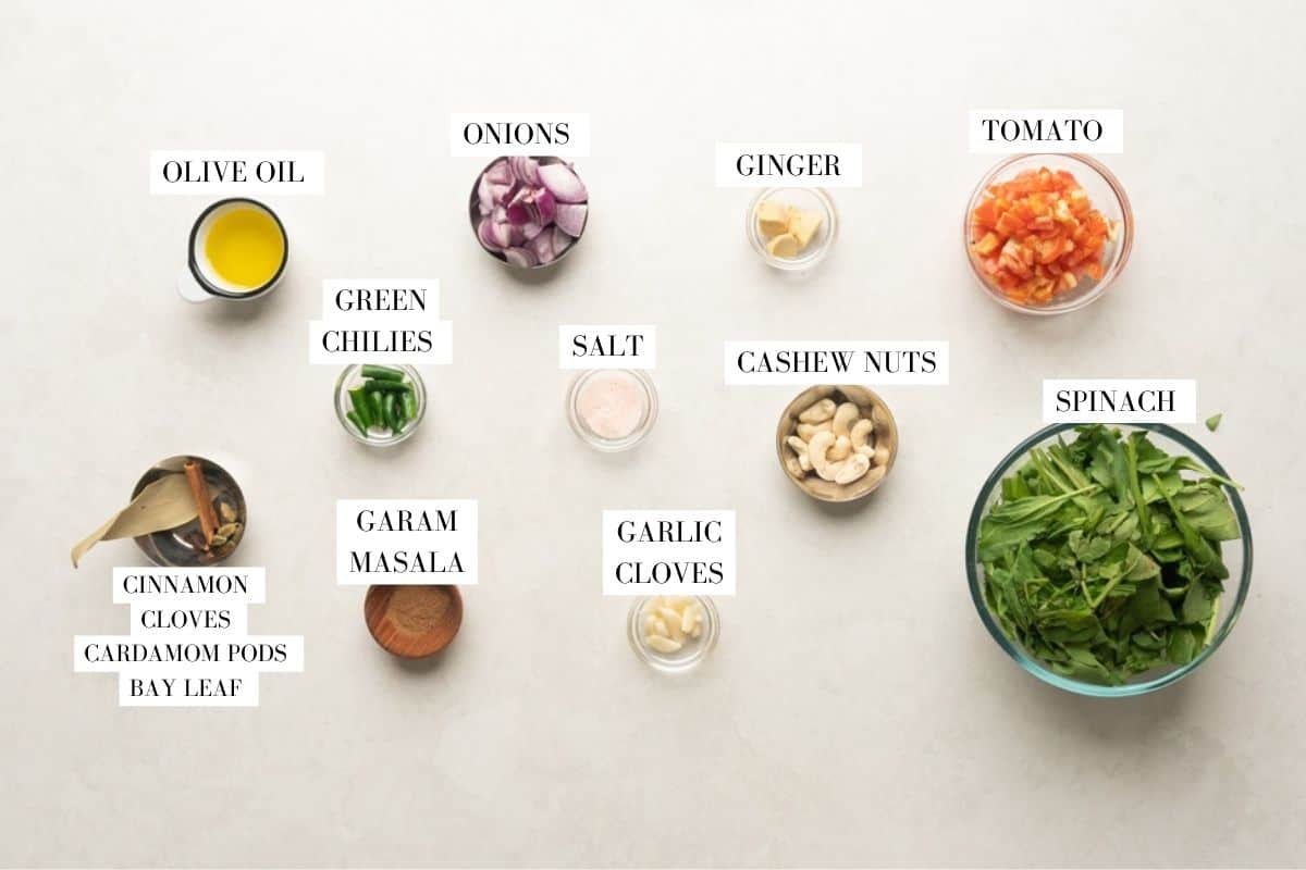 Picture of all the ingredients forI Palak Paneer kofta curry with text to identify them