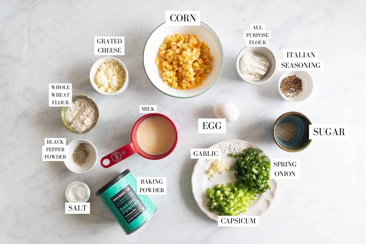 Picture of all the ingredients for corn cheese waffles text to identify them