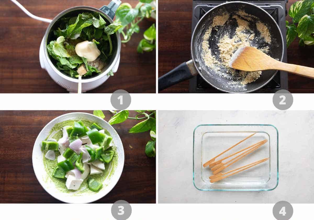 Step by step picture collage showing how to make hariyali paneer tikka